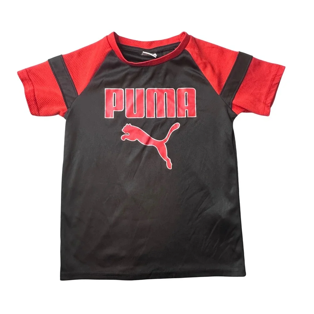 Puma T-Shirt Kids Size 5 Black Red Graphic Logo Active Short Sleeve Tee‎ Raglan